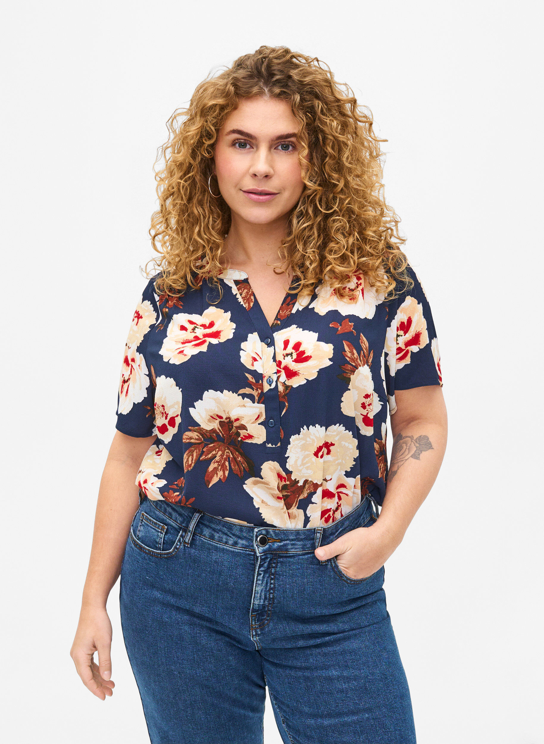 ZizziV-ringad blus med korta &auml;rmar, Bl&aring;, Model image number 0