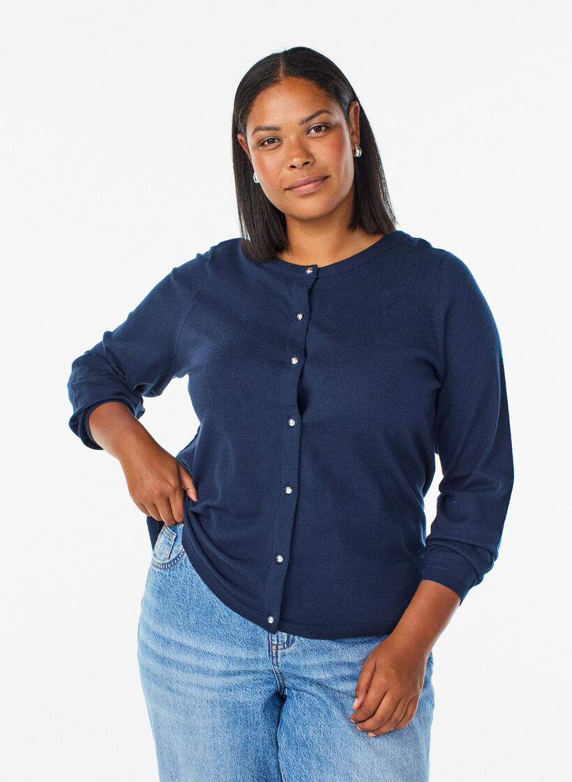 Cardigan med runda knappar, Bl&aring;, Model image number 0