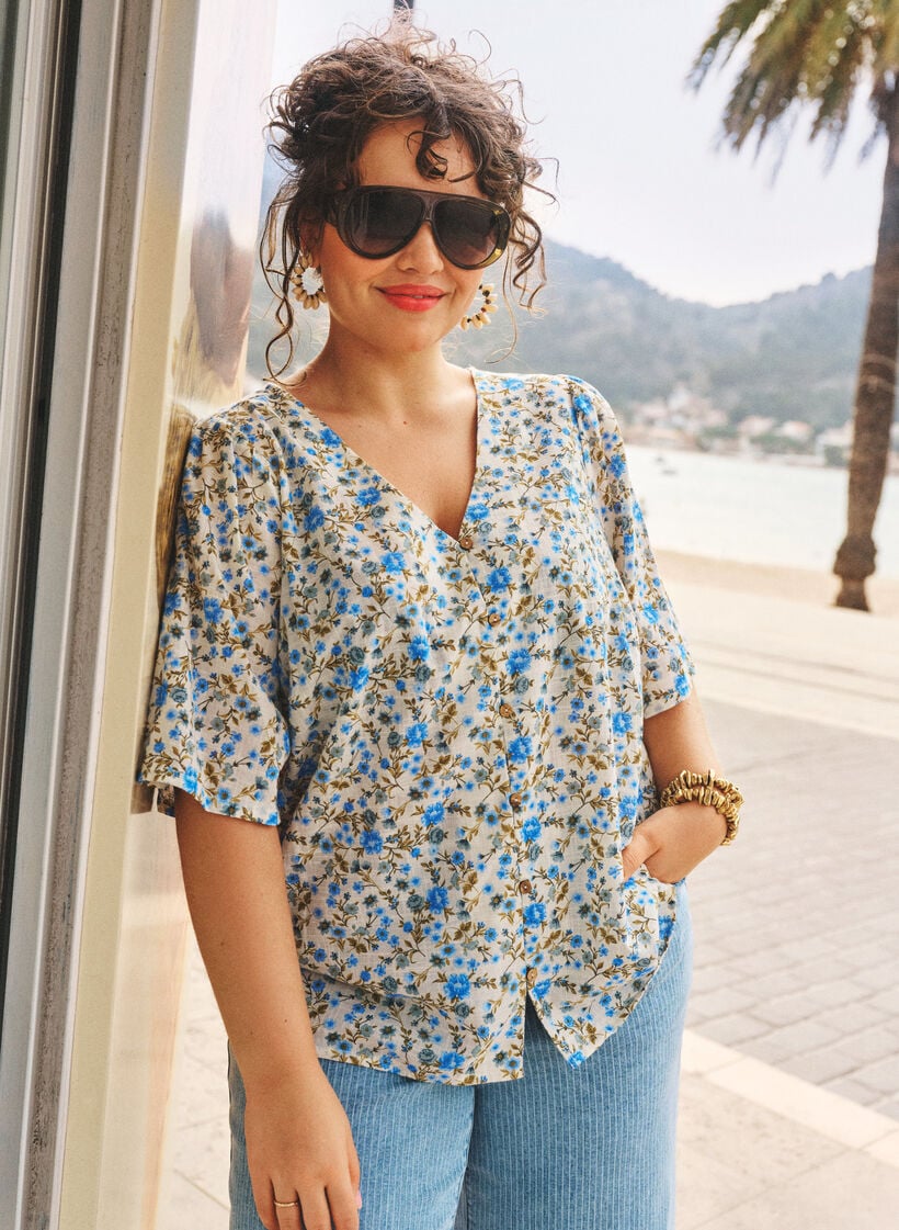 Kort&auml;rmad skjorta i bomull med v-ringning, Bl&aring;, Image image number 0