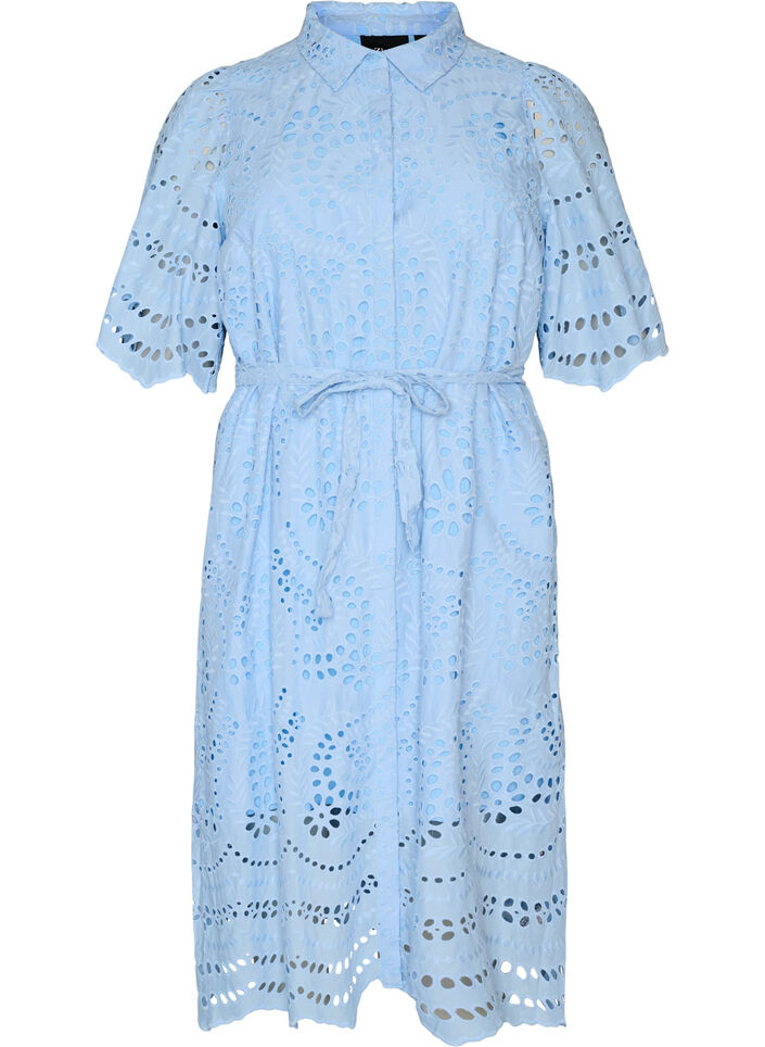 Skjortkl&auml;nning i broderie anglaise med knytb&auml;lte, Bl&aring;, Packshot image number 0