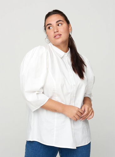 Skjorta i bomull med 3/4 puffärmar, Bright White, Model image number 0