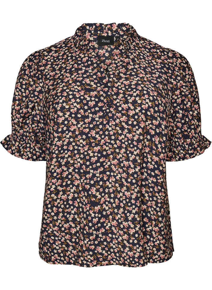 Blommig blus i viskos med korta &auml;rmar och smockdetaljer, Bl&aring;, Packshot image number 0