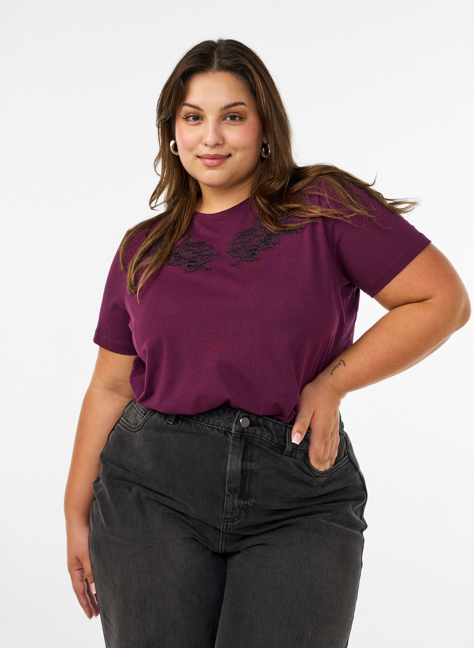 ZizziT-shirt med blombroderi och strasstenar, Lila, Model image number 0