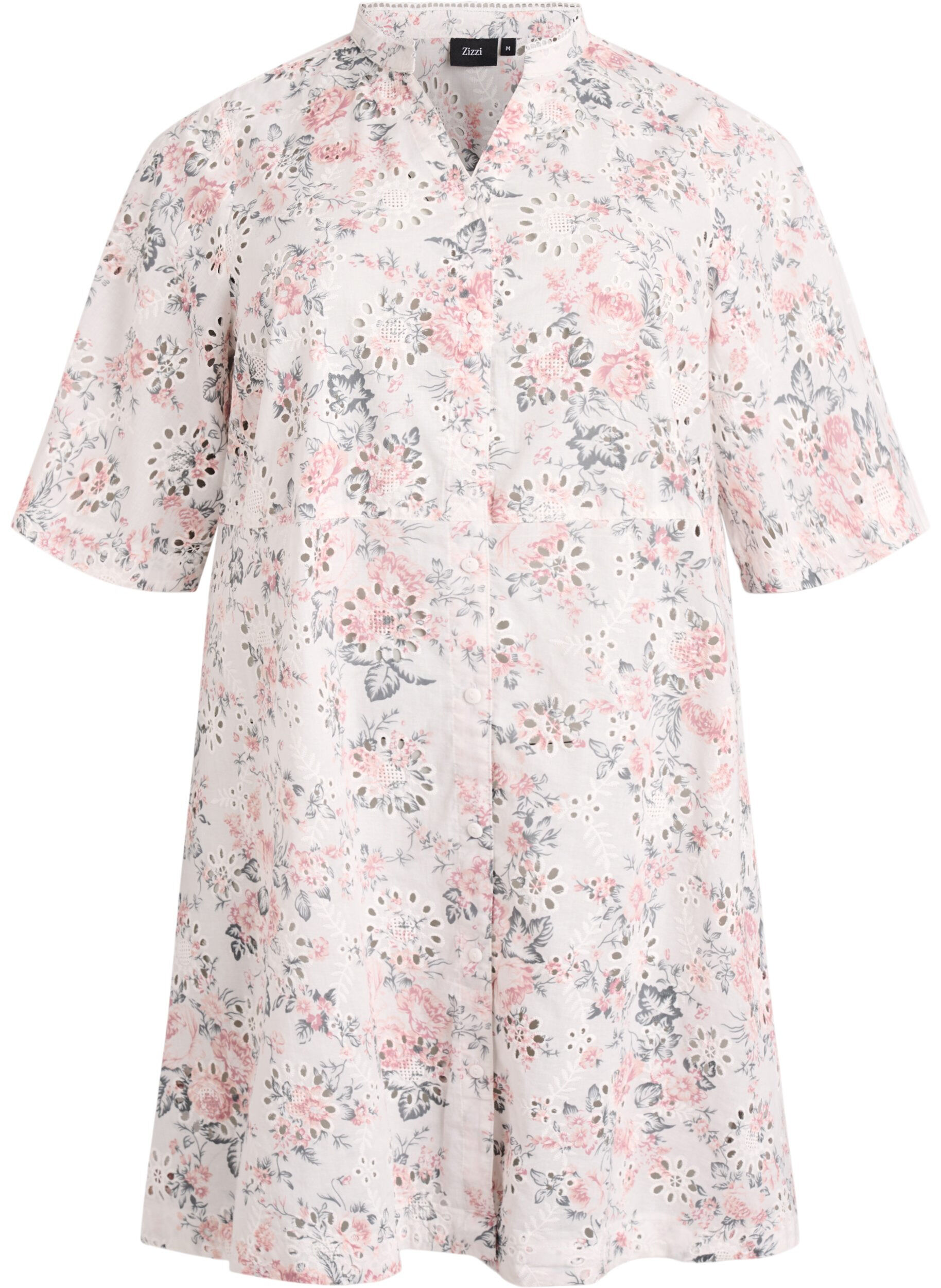 Kl&auml;nning i bomull med blommigt tryck och broderie anglaise