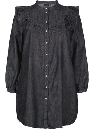 Jeansklänning med dekorativa knappar och volanger, Black Washed, Packshot image number 0