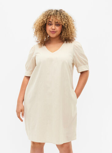 V-ringad klänning i bomullsblandning med linne, Sandshell, Model image number 0