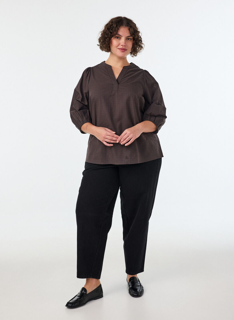 Rutig blus med V-ringning och 3/4-&auml;rmar, Brun, Model image number 1