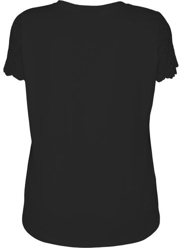 T-shirt i bomull med korta ärmar i spets, Black, Packshot image number 1