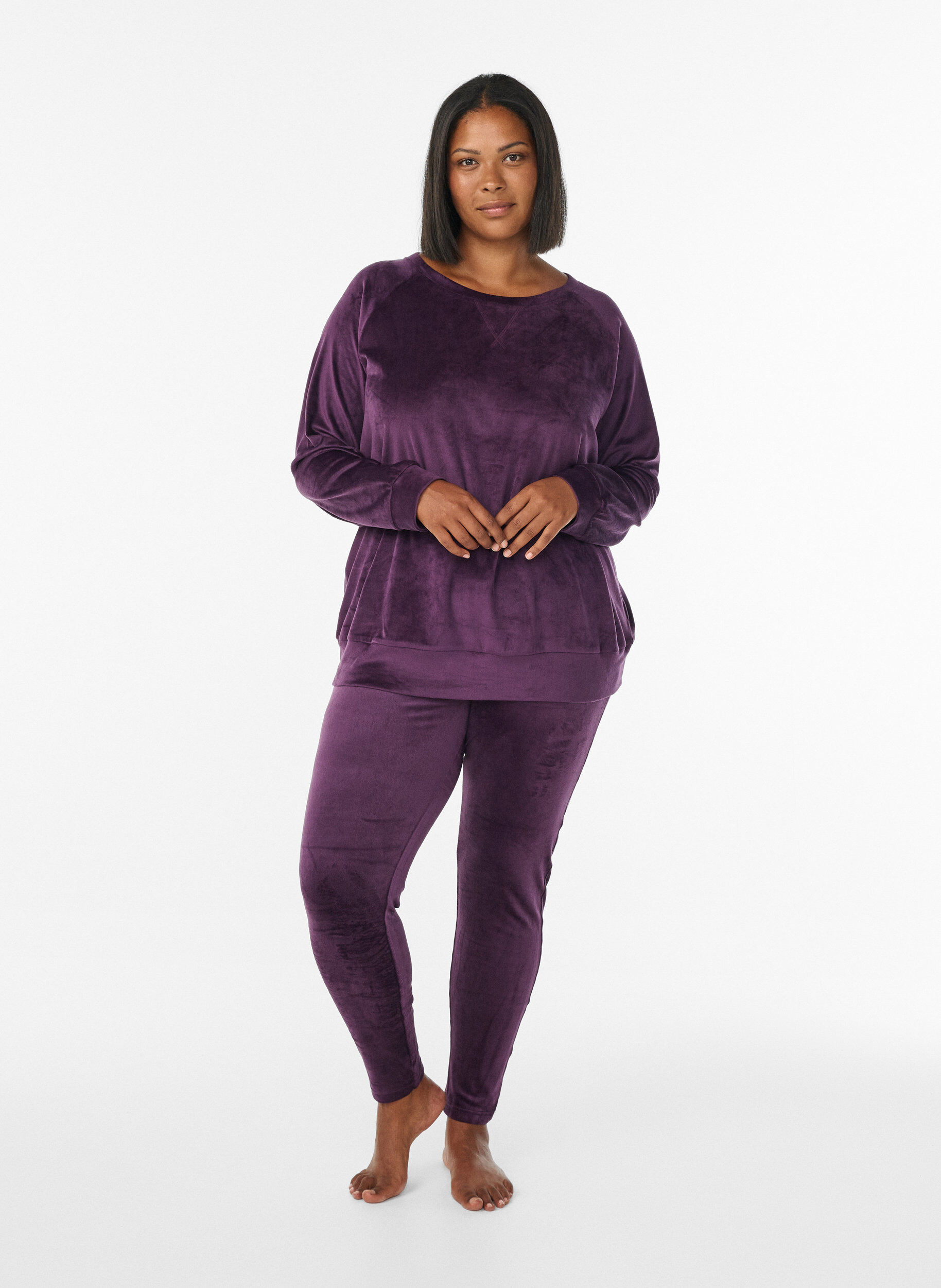 Zizzi Blus i velour med raglan&auml;rmar, Lila, Model image number 1