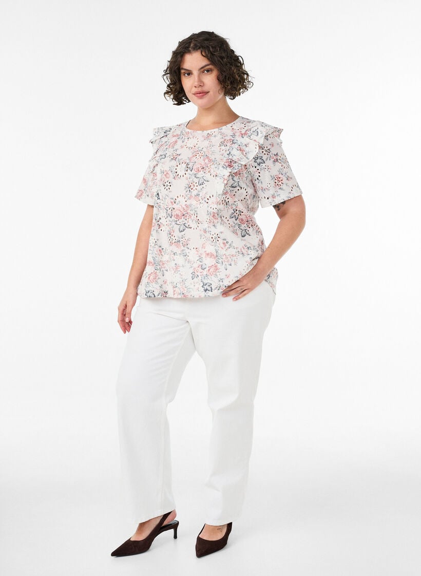 Blus i bomull med broderie anglaise och volanger, Rosa, Model image number 1