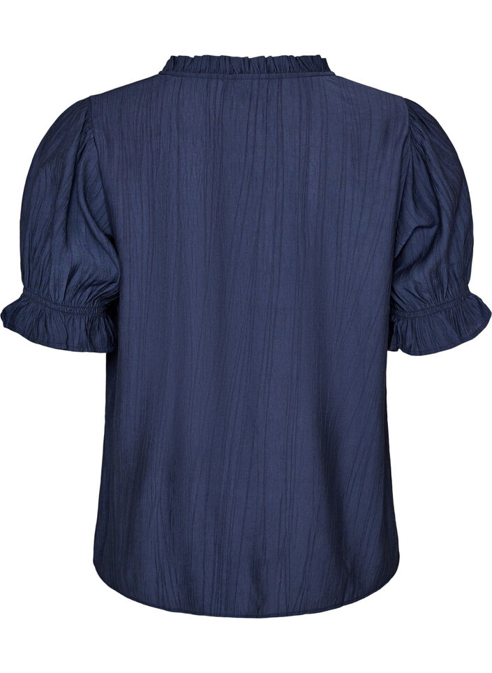 Blus i en krinklad viskosblandning med v-ringning, Bl&aring;, Packshot image number 1