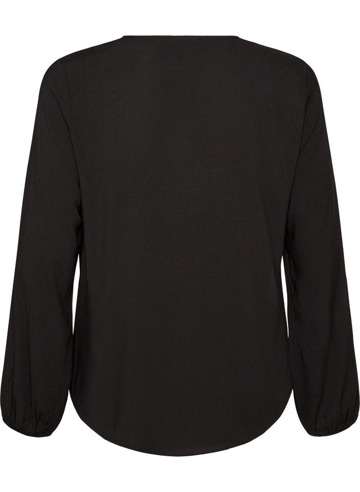 Blus i viskos med v-ringning och l&aring;nga &auml;rmar, Svart, Packshot image number 1