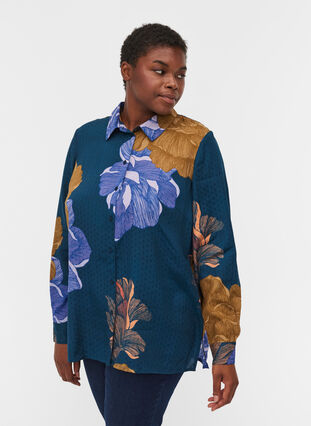 Långärmad viskosskjorta med blommigt mönster, Reflecting Pond AOP, Model image number 0