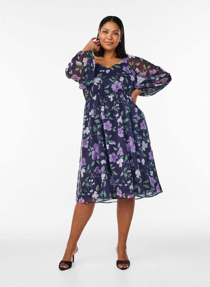 Festkl&auml;nning i chiffong med l&aring;nga &auml;rmar, Bl&aring;, Model image number 1