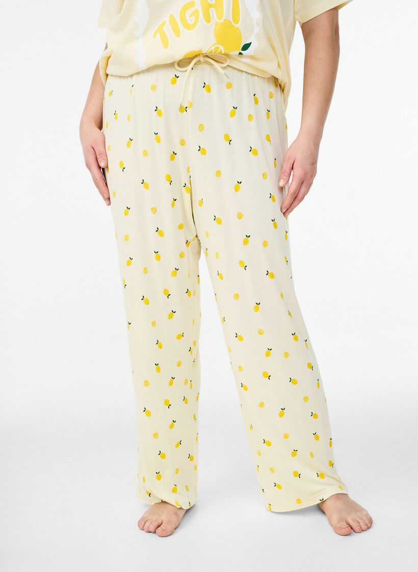 Pyjamasbyxor i mjuk jersey med h&ouml;g midja och fruktm&ouml;nster, Gul, Model image number 2