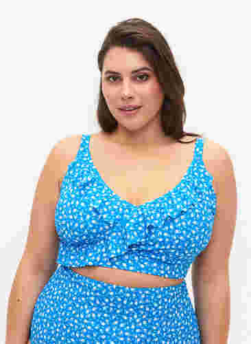 Blommig bikinitopp med volanger, Blue Flower Print, Model image number 0