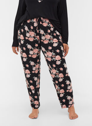 Blommiga pyjamasbyxor i viskos, Black Flower AOP, Model image number 2