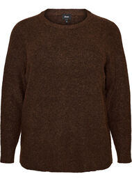 Melerad stickad blus med rund halsringning, Brun