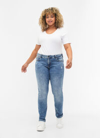 Emily jeans med normal midja och sliten design, Blue denim, Model