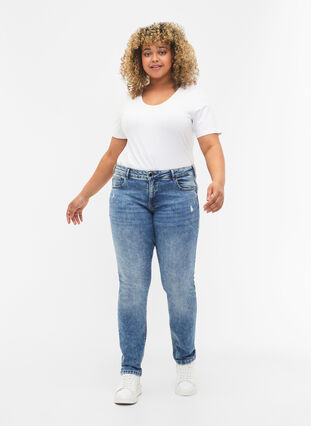 Emily jeans med normal midja och sliten design, Blue denim, Model image number 0