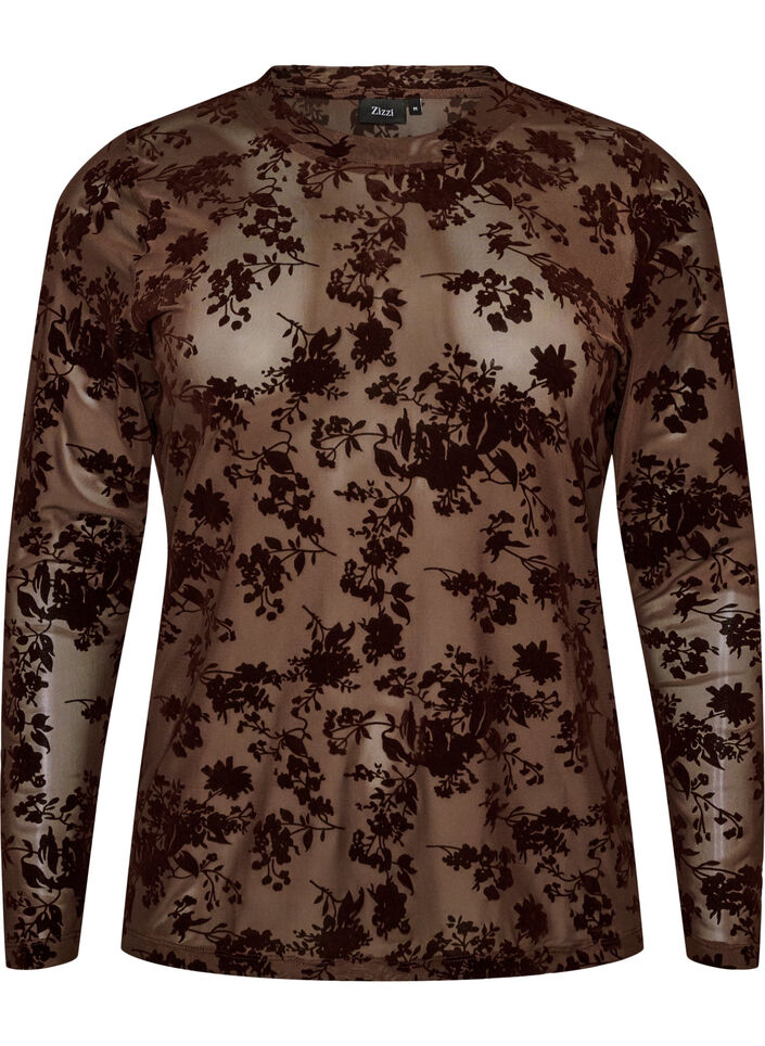 Blus i mesh med blomm&ouml;nster, Brun, Packshot image number 0