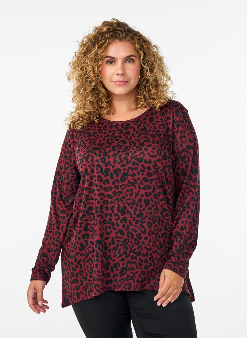Leopardmönstrad blus med långa ärmar, Mörk Bordeaux, Model image number 0