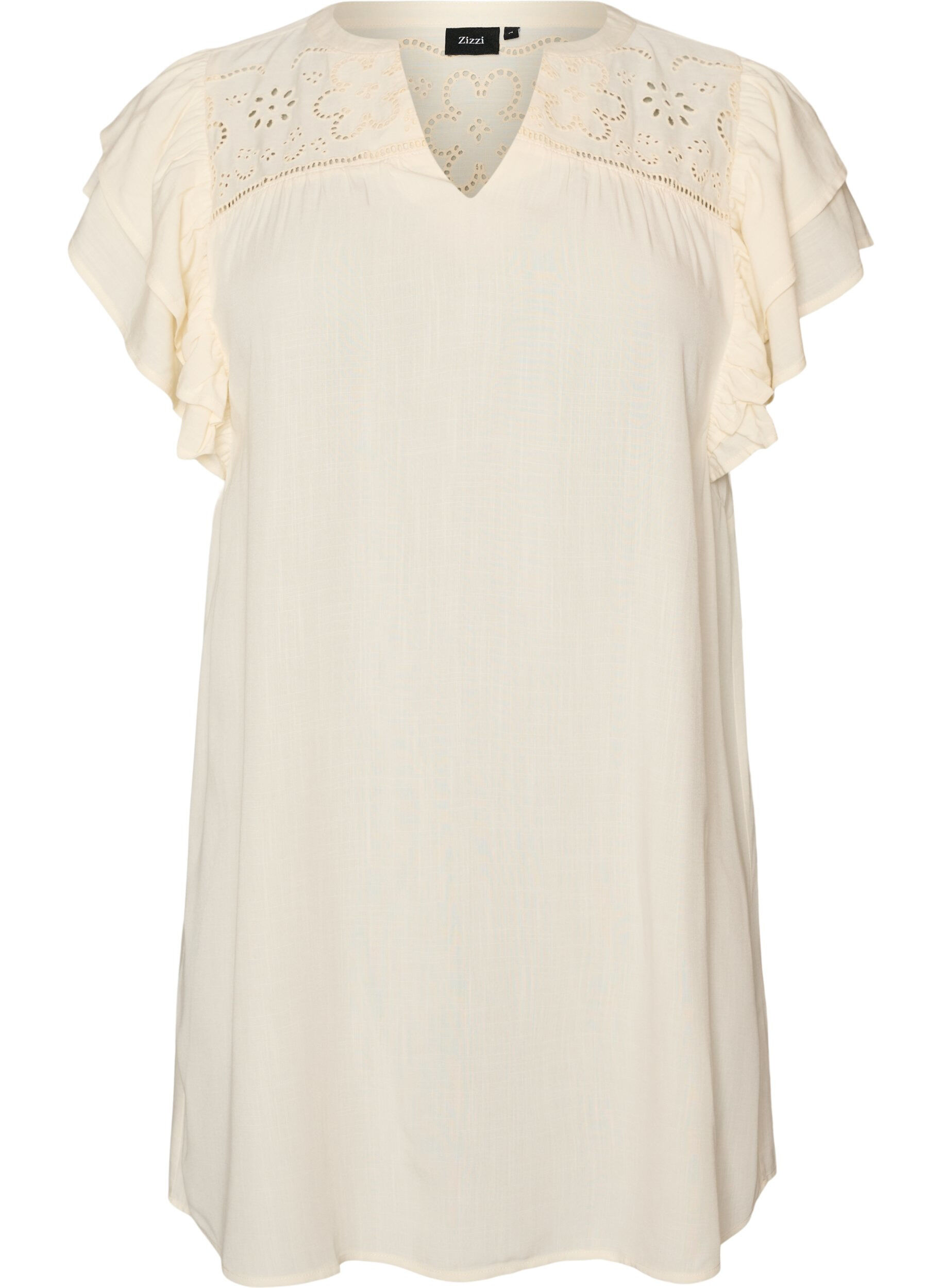 ZizziTunika med broderie anglaise och volang&auml;rmar, Beige, Packshot image number 0