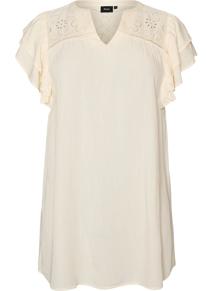 Tunika med broderie anglaise och volang&auml;rmar, Beige, Packshot image number 0