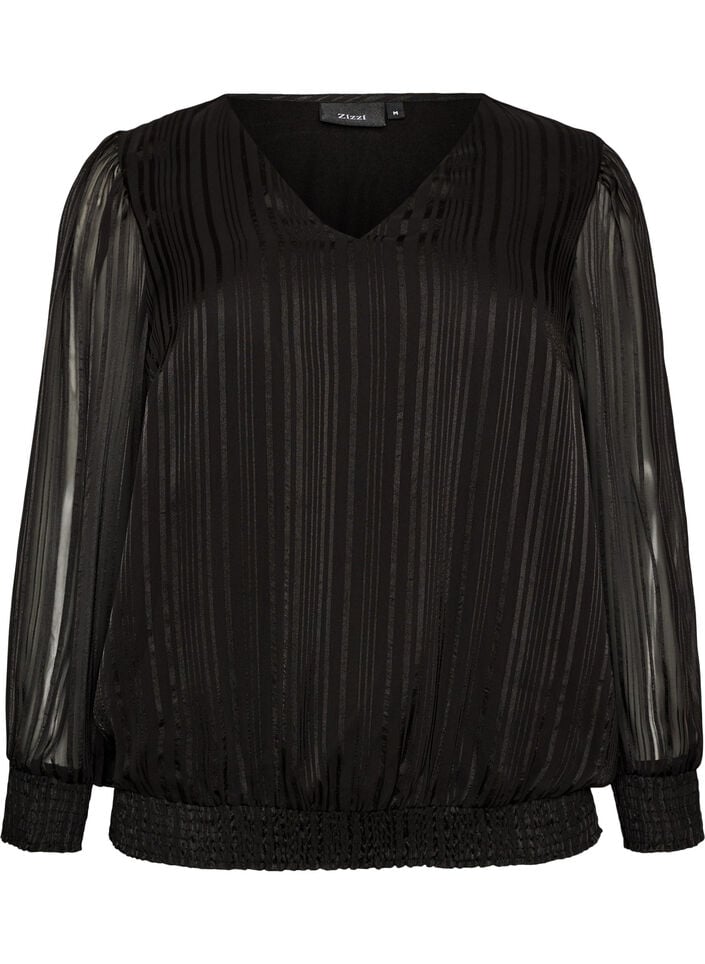 Randig blus med ballongform, Svart, Packshot image number 0