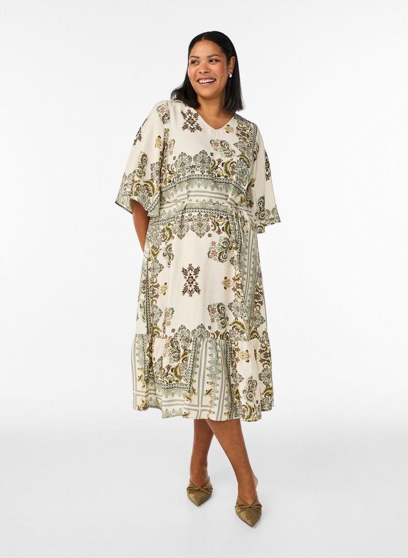 M&ouml;nstrad midikl&auml;nning i viskos med knytsk&auml;rp, Gr&ouml;n, Model image number 0