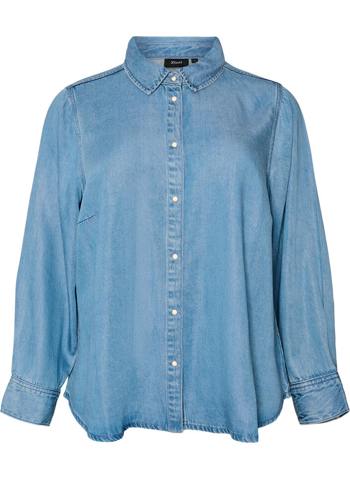 Jeansskjorta i lyocell med tryckknappar, Bl&aring;, Packshot image number 0
