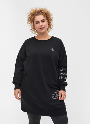 Långärmad sweatshirtklänning med text, Black, Model image number 0