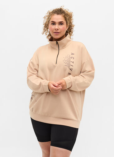 Höghalsad sweatshirt med dragkedja, Oatmeal, Model image number 0
