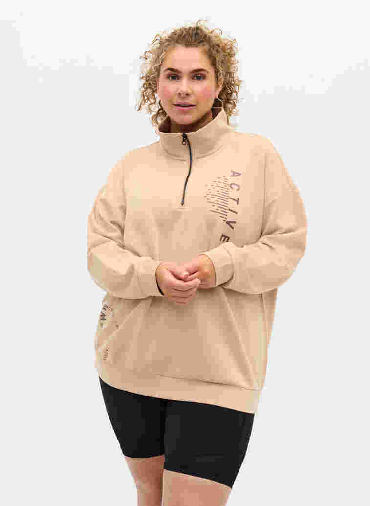 Höghalsad sweatshirt med dragkedja, Oatmeal, Model