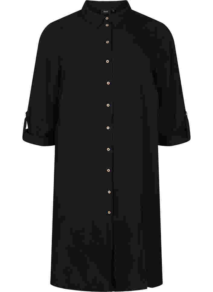 Lång enfärgad viskosskjorta med 3/4-ärmar, Black, Packshot image number 0