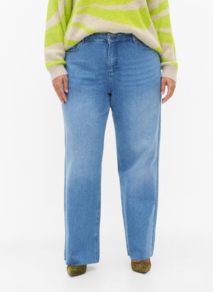 Raka jeans med rå kanter, Medium Blue, Model image number 2