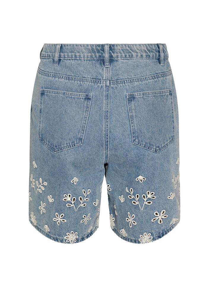 Jeansshorts med broderie anglaise och h&ouml;g midja, Bl&aring;, Packshot image number 1