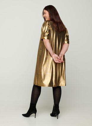 Klänning med korta puffärmar och a-form, Gold, Model image number 1