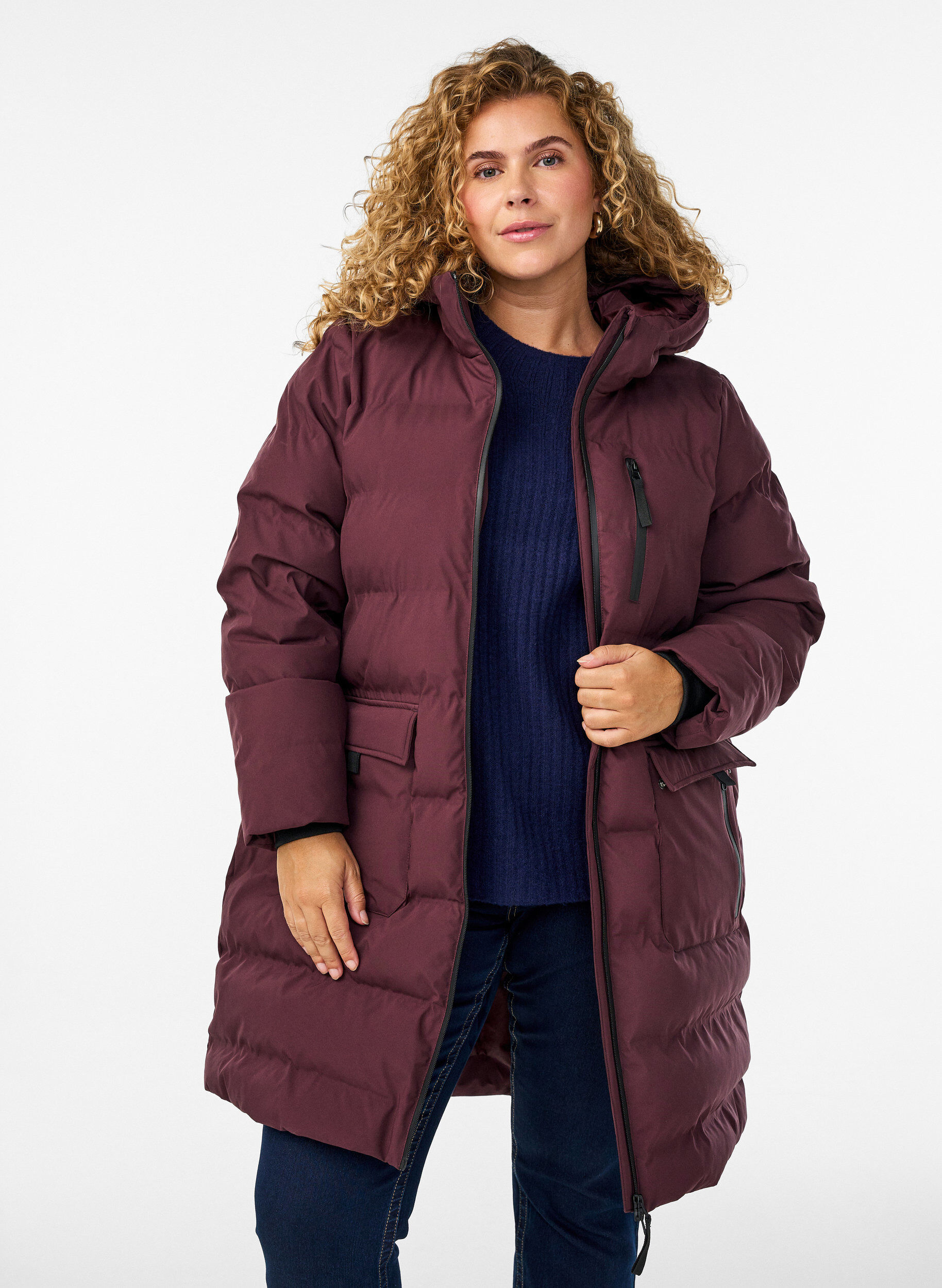 ZizziPufferkappa med huva och fickor, M&ouml;rk Bordeaux, Model image number 0