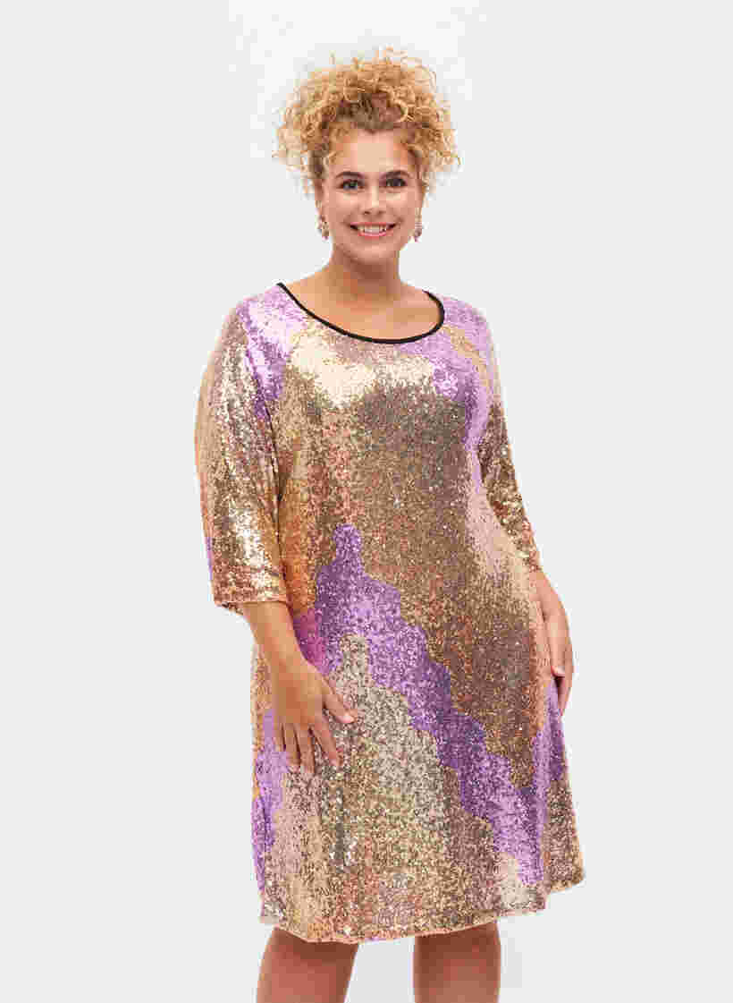 Paljettklänning med 3/4-ärmar, Gold Mulit Sequins, Model