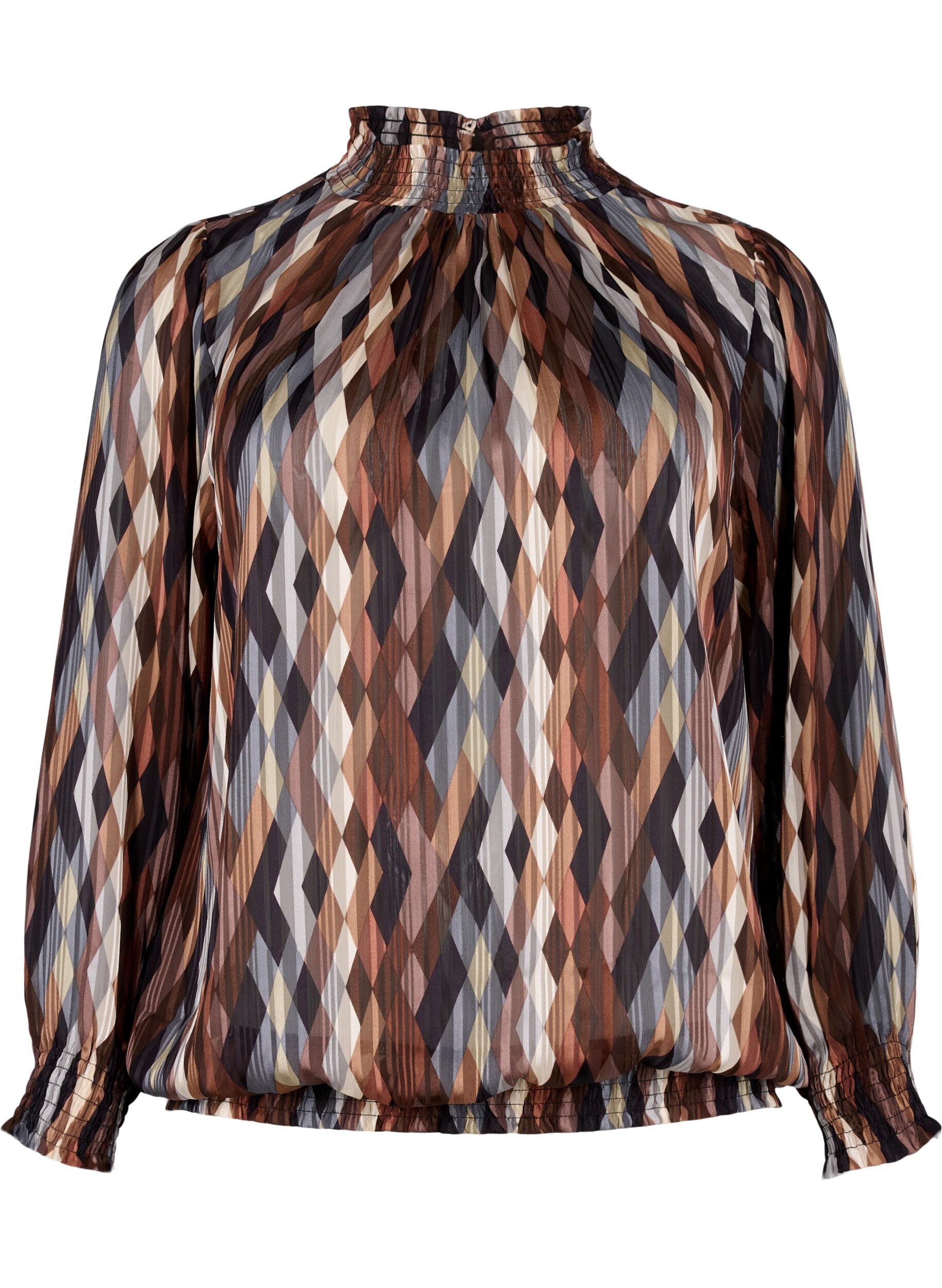 Zizzi M&ouml;nstrad blus med smock, Earthy Zig Zag, Packshot image number 0
