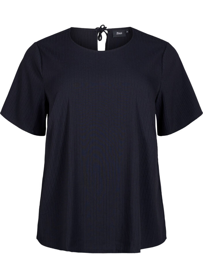 Kortärmad viskosblus med knytband, Black, Packshot image number 0