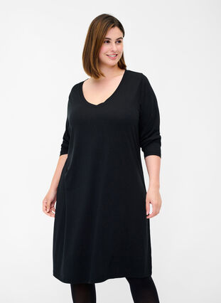 Långärmad klänning med v-ringad hals, Black, Model image number 0