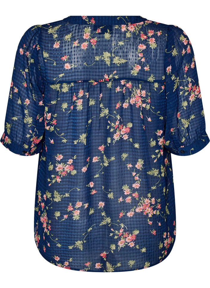 Blus med blommigt m&ouml;nster och v-ringning, Bl&aring;, Packshot image number 1