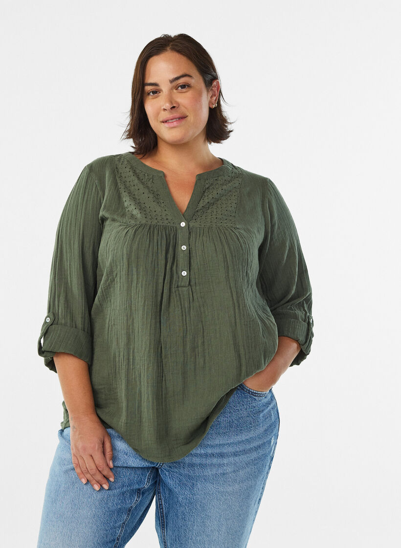 Blus i bomullsmuslin med broderie anglaise, Gr&ouml;n, Model image number 0