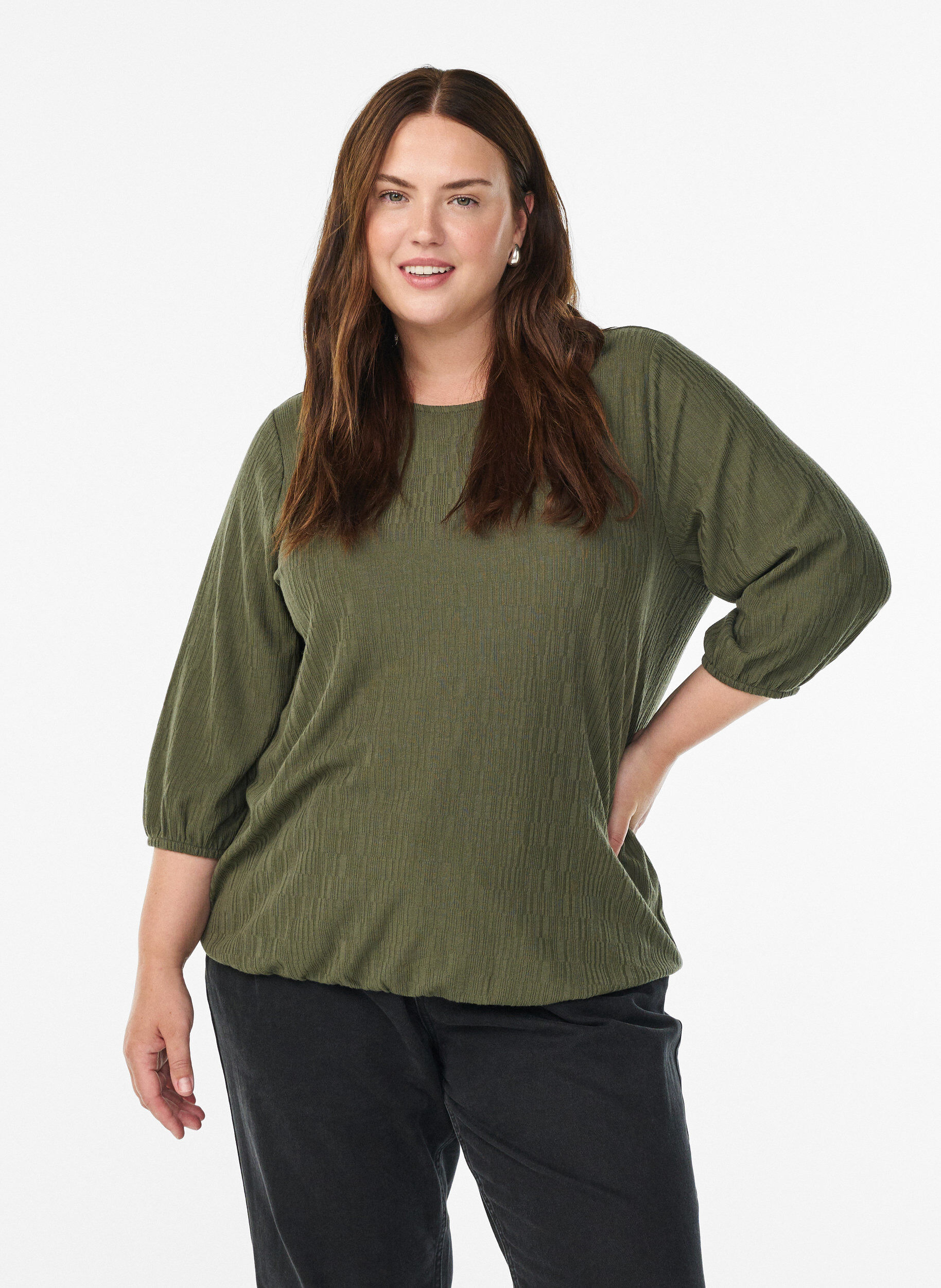 ZizziBlus med struktur och 3/4-&auml;rmar, Gr&ouml;n, Model image number 0