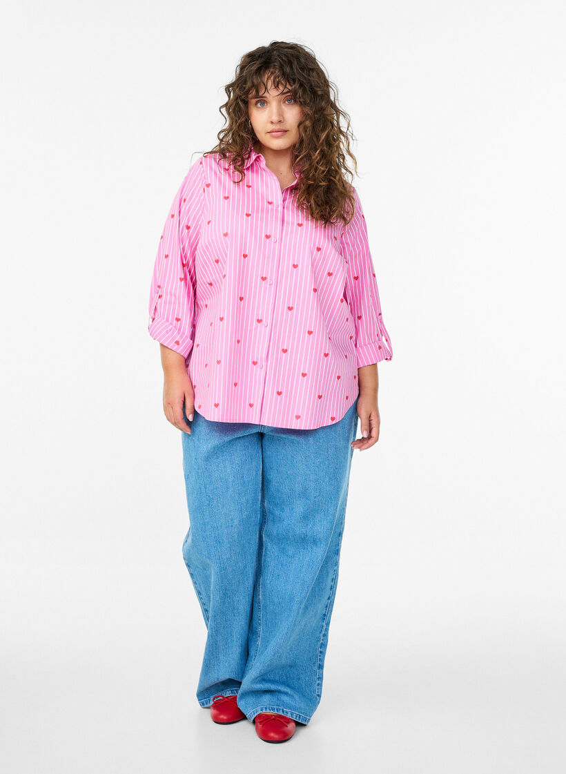Skjortblus med r&auml;nder och hj&auml;rtan, Rosa, Model image number 1