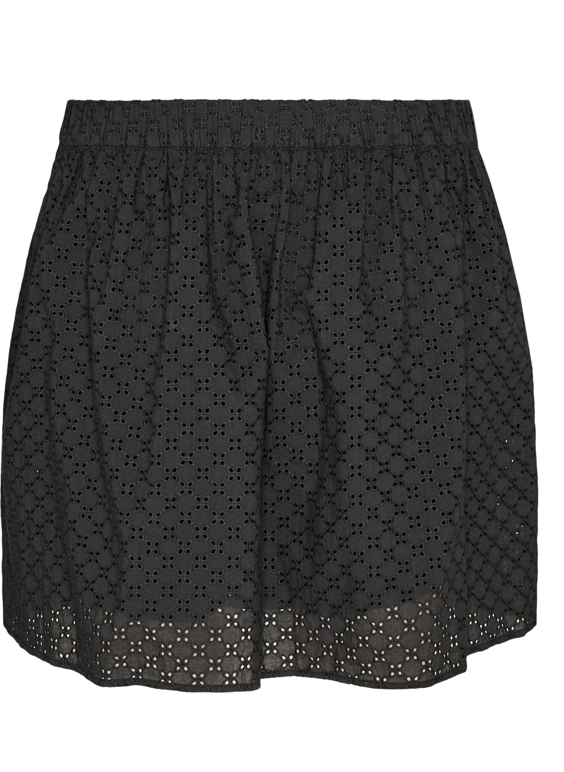 ZizziKort kjol med broderie anglaise och res&aring;r i midjan, Svart, Packshot image number 1