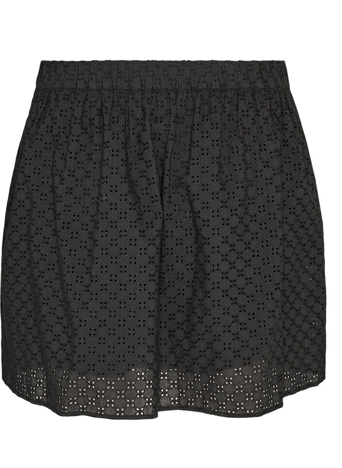 Kort kjol med broderie anglaise och res&aring;r i midjan, Svart, Packshot image number 1