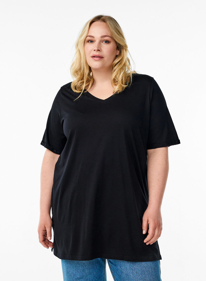 Enfärgad oversize t-shirt med v-hals, Svart, Model image number 0